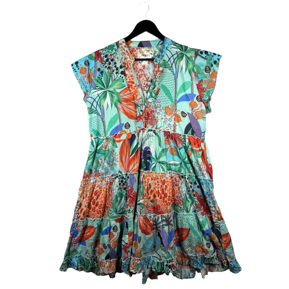 Lulalife Floral Mini Short Sleeve Cotton Tropical Multicolor‎ Dress Size L